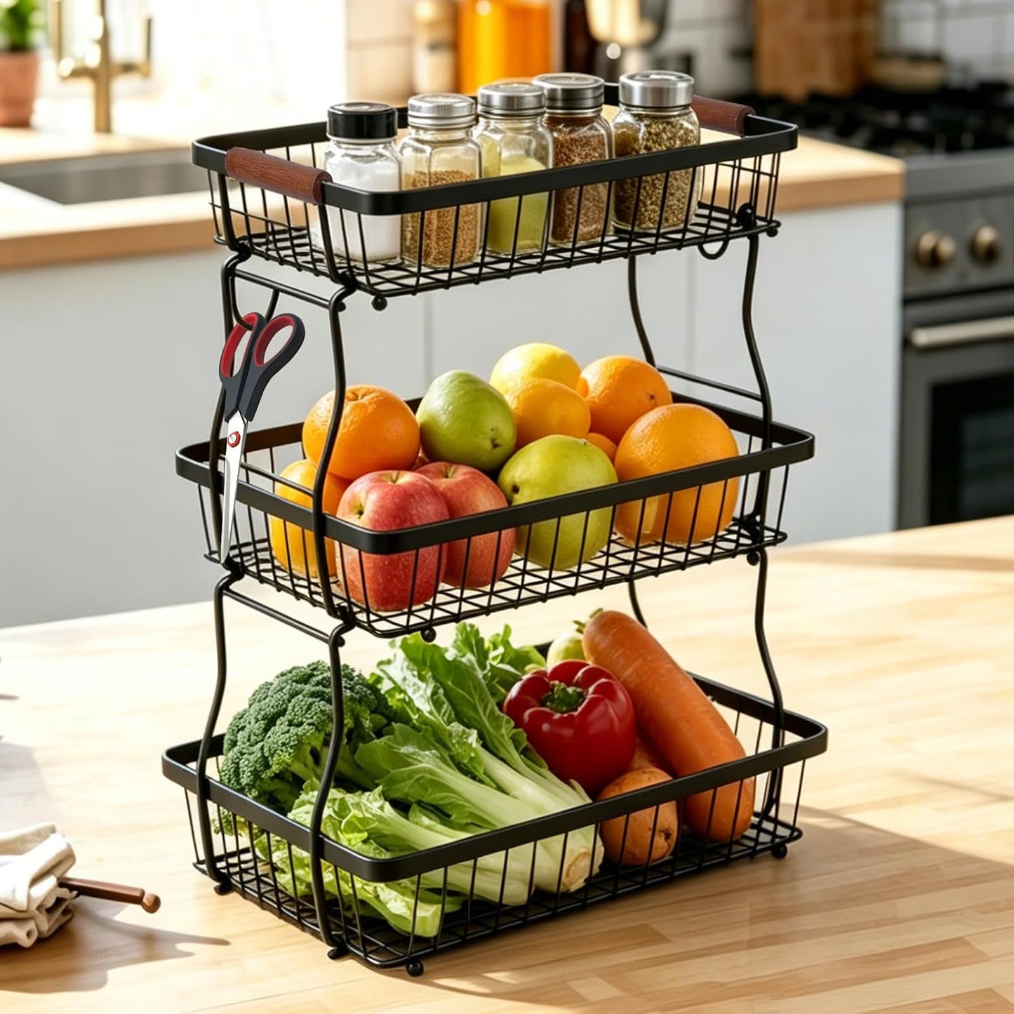 2-Tier Stackable Wire Basket with 2 Banana Hooks, Pantry Organizer for Kitchen Countertops, Cabinets & Under-Sink Spaces; Ideal for Storing Snacks, Fruits, Veggies, Onions, Potatoes, & More,Black