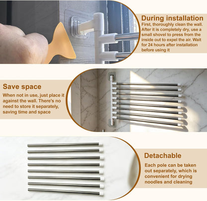 8-Tier Foldable Wall Mounted Noodle Dryer Stand, 180° Swivel
