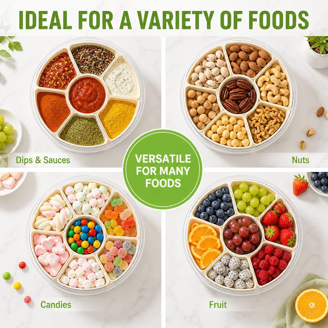 UFORU Divided Serving Tray with Lid, Handle and Chill Base, Portable 6 Compartment Snackle Box Container, Rounded Veggie and Fruit Organizer for Charcuterie, Snacks, Travel, Picnic, Kitchen, Party