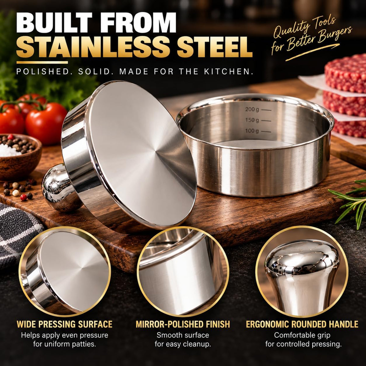 Stainless Steel Burger Press with Patty Ring – Multi-Purpose Meat & Veggie Patty Maker, Smash Burger Press, Food-Grade Stainless Steel, Dishwasher Safe, Gift Box Packaging