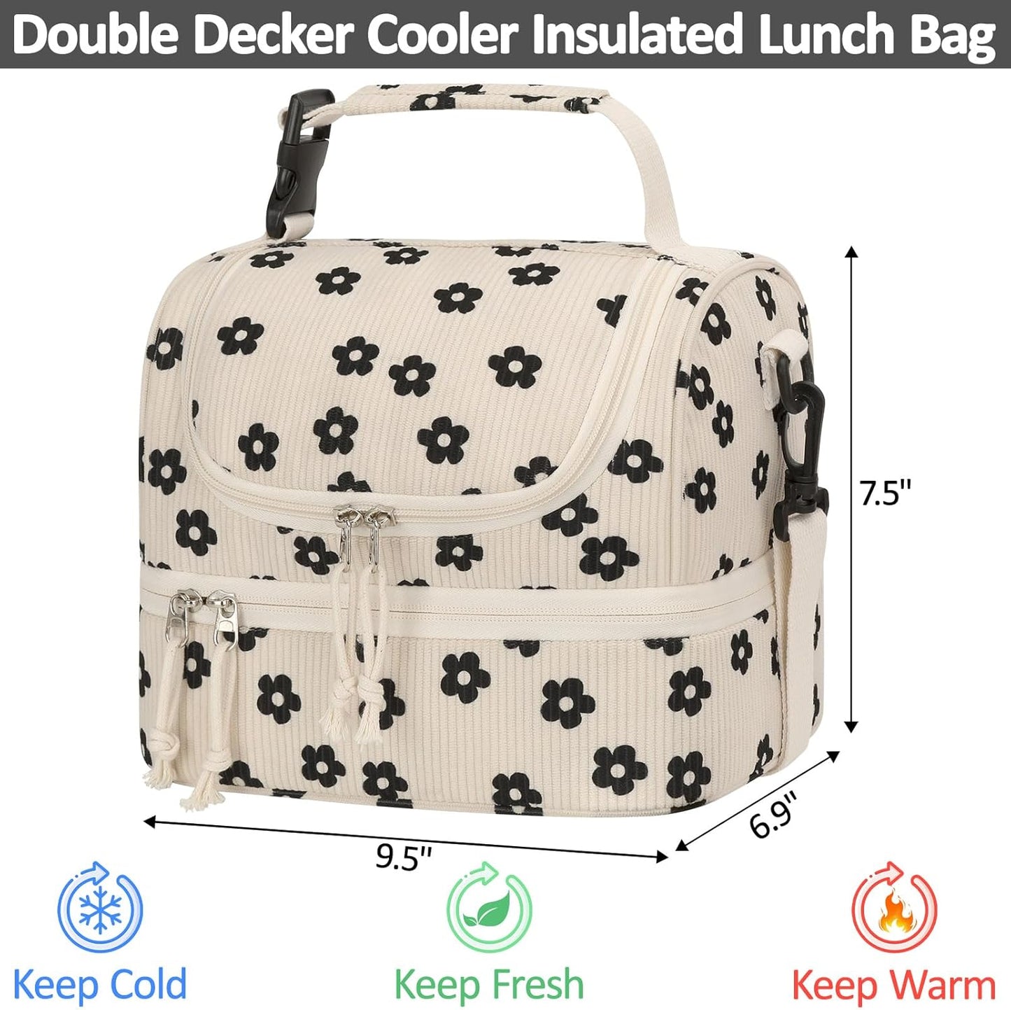 Vankor Corduroy Lunch Box Kids Insulated Lunch Bag Double Decker, Cute Leak-Proof Lunch Box for Boys Girls, Portable Cooler Lunch Bag Thermal Lunch Tote for School Picnic Travel, Light Blue
