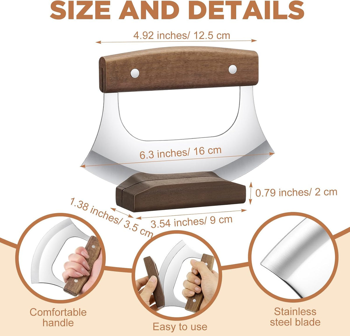 9 Inch Walnut Chopping Bowl and Mezzaluna Knife Set Solid Wood Salad Bowl for Chopping Walnut Herbs Spices Vegetables Eggs Chicken (Round Style)