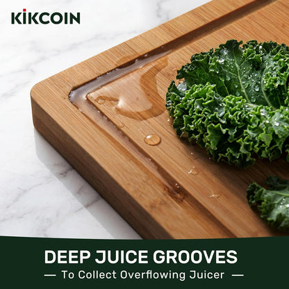 Kikcoin 17"×11" Bamboo Cutting Boards for Kitchen, Knife-Friendly Food Grade Wooden Cutting Boards for Kitchen, Charcuterie, Extra Large Chopping Boards with Deep Juice Groove, Reversible, Natural