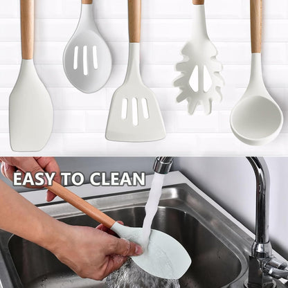 Kitchen Cooking Utensils Set, 6Pcs Silicone Kitchen Utensils Set Spatula Spoon Soup Ladle Turner, Heat Resistant Wooden Handle Silicone Cooking Gadgets for Nonstick Cookware & Baking BPA FREE