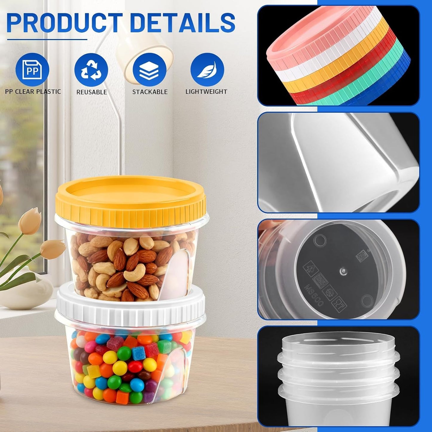 12 Pack Freezer Containers with Screw On Lids, 10oz Stackable Reusable Food Storage Container, Airtight Plastic Storage Containers with Twist Top Lids for Food Sauce Jello Soup