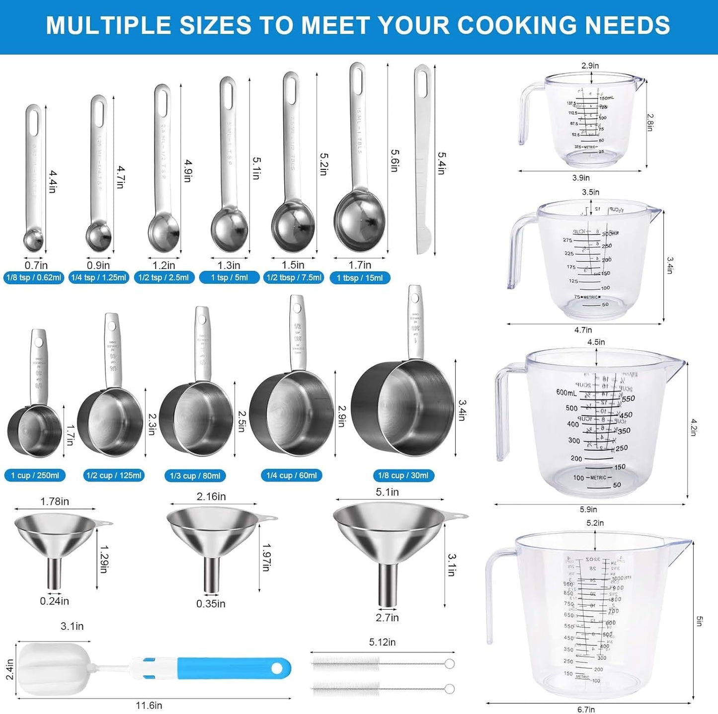 Measuring Cups and Spoons Set 21 Piece, 11 Stainless Steel Nesting Measuring Spoons and Cups with 3 Plastic Measuring Cup, 3 Funnel, 3 Brush, 1 Ruler, Measuring Cup Set for Kitchen Baking Liquid Dry