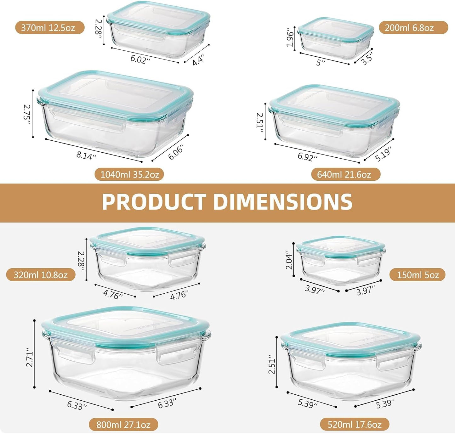 Liuruiyu 8 Pack 36OZ Glass Food Storage Containers with Lids, Meal Prep Containers, Airtight Bento Boxes with Leak Proof Locking for Microwave, Oven, Freezer and Dishwasher, BPA Free