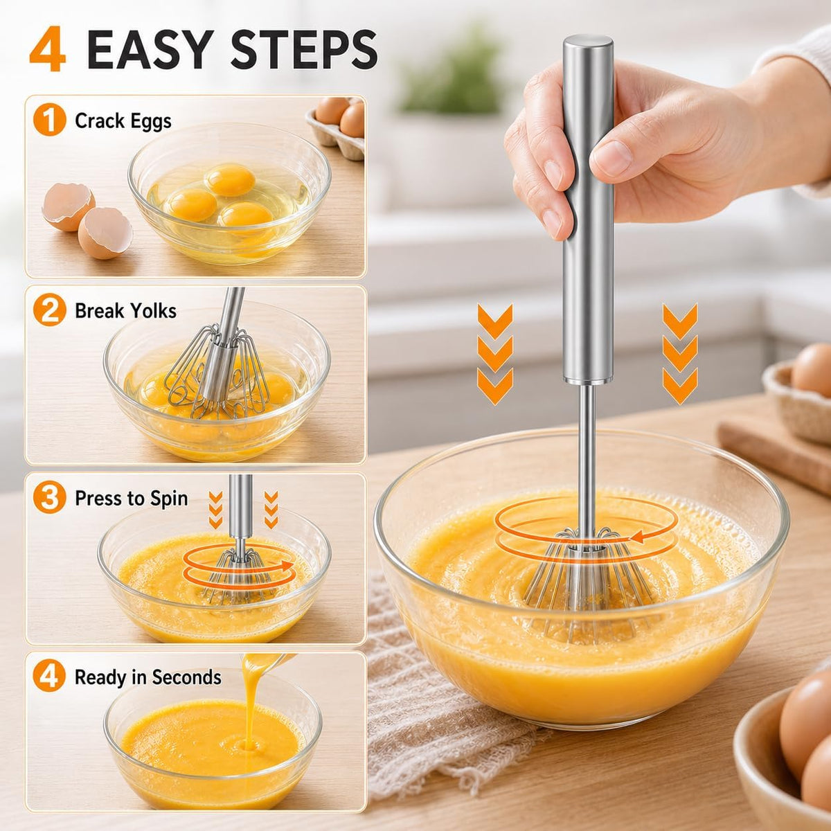 Hand Push Semi-automatic Whisk, Stainless Steel Egg Beater, 12 Inch