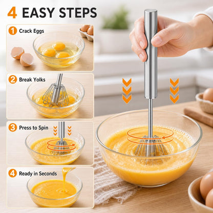 Hand Push Semi-automatic Whisk, Stainless Steel Egg Beater, 12 Inch
