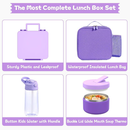 Kids Bento Lunch Box with 8oz Soup Thermo, Water Bottle, Kids Leakproof Lunch Food Containers with 4 Compartment, Insulated Hot Food Jar with Lunch Bag for School, Trvael (Black)