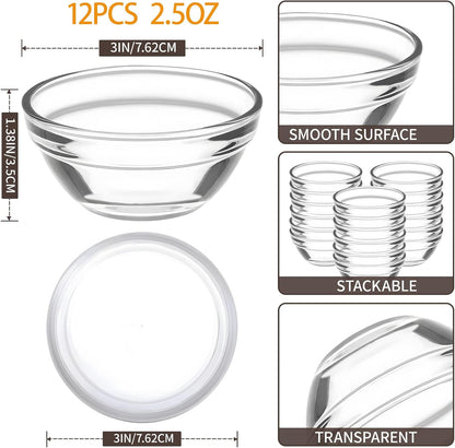 6 Pack Mini 3 Inch Small Glass Bowls with 12 Pack Lids