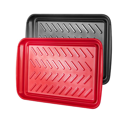 VEVOR Plastic Serving Trays, 2-Pack Grilling Prep and Serve Trays with Handles, 17x10.35 Inch Anti-Slip Melamine Food Tray, Ideal for BBQ, Kitchen, Cafeteria, Ottoman, Coffee Table, Black and Red