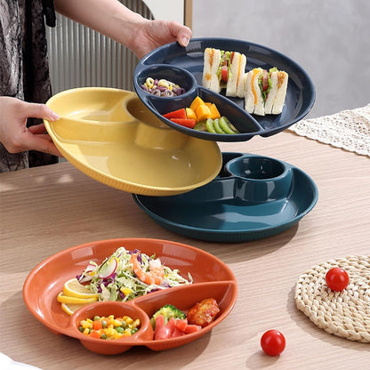 ZAVOOS 10 Pack Chip Dip Serving Platter, 10 Inch Plastic Divided Dumpling Plate with Dipping Saucer, 3 Compartments Reusable Snack Serving Dish for Sushi, Veggies, Party Appetizer