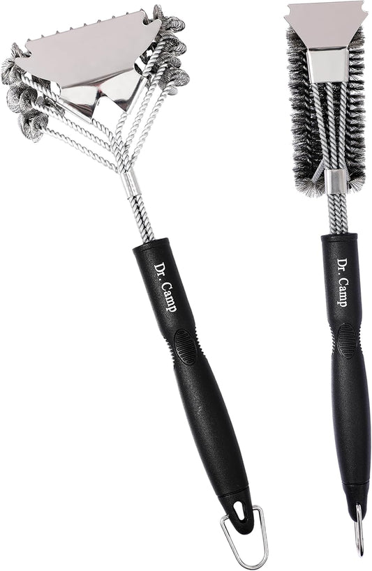 Dr.Camp 2 PCS Stainless Steel BBQ Grill Brush,BBQ Brush,Grill Scraper, Grill Brush for Outdoot,Grill Cleaning Brush, Barbecue Tool Set with Big Handle for Outdoor Grill