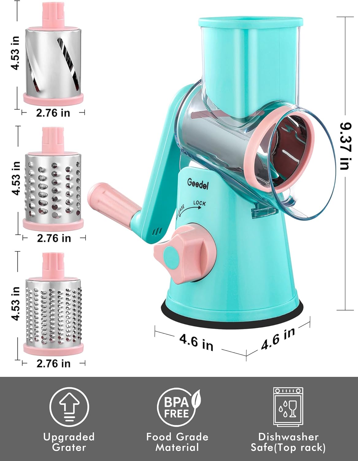 Geedel Rotary Cheese Grater, Kitchen Mandoline Vegetable Slicer with 3 Interchangeable Blades, Easy to Clean Rotary Grater Slicer for Cheese, Vegetables, Nuts
