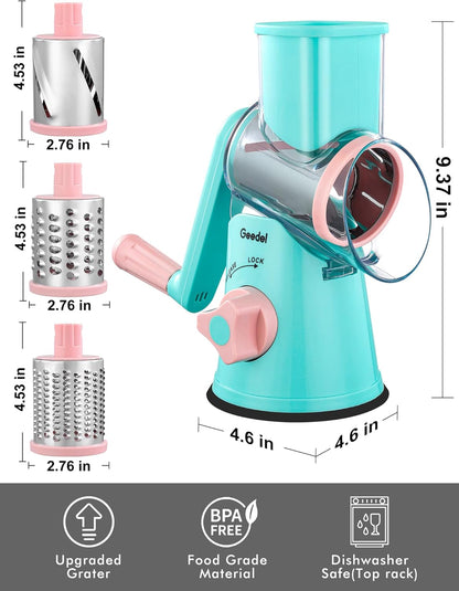 Geedel Rotary Cheese Grater, Kitchen Mandoline Vegetable Slicer with 3 Interchangeable Blades, Easy to Clean Rotary Grater Slicer for Cheese, Vegetables, Nuts