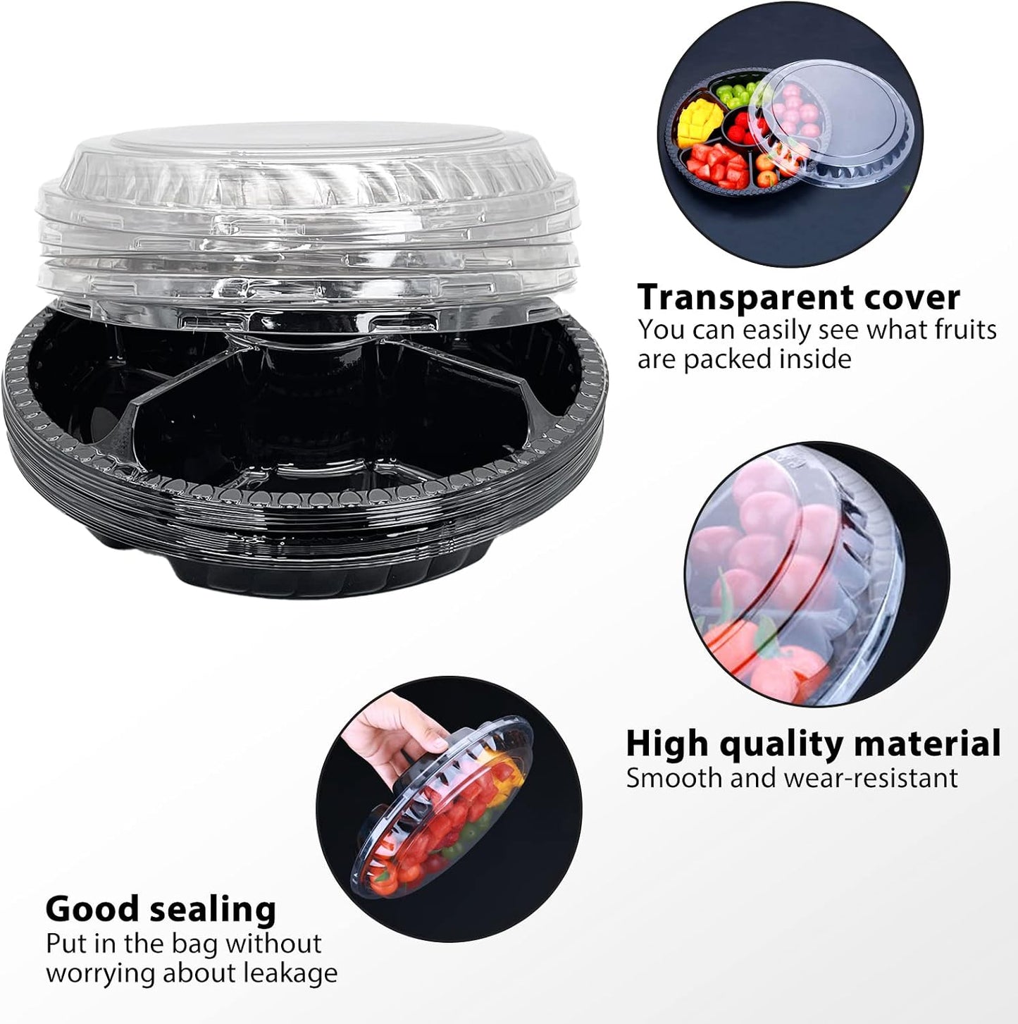 12Pcs Disposable Fruit Trays, Round Plastic Appetizer Serving Tray with Lid 5 Compartment Party Platters Divided Food Dip Containers for Snack Vegetable Salad Veggie Fruit Organizer-Black