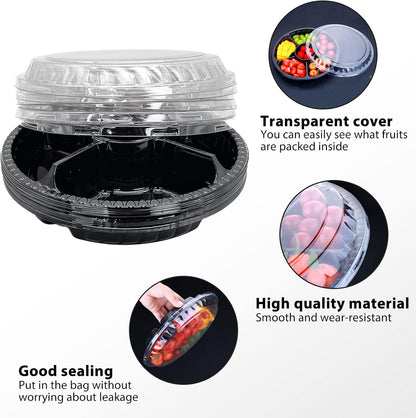 12Pcs Disposable Fruit Trays, Round Plastic Appetizer Serving Tray with Lid 5 Compartment Party Platters Divided Food Dip Containers for Snack Vegetable Salad Veggie Fruit Organizer-Black