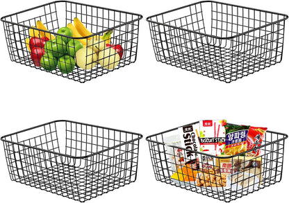 Metal Wire Baskets, Dveda 6 Pack 11.02" x 8.7" x 4.7" Durable Metal Storage Basket, Black Wire Basket with Handles for Cabinets, Pantry Storage, Bathroom, Shelf Organizing