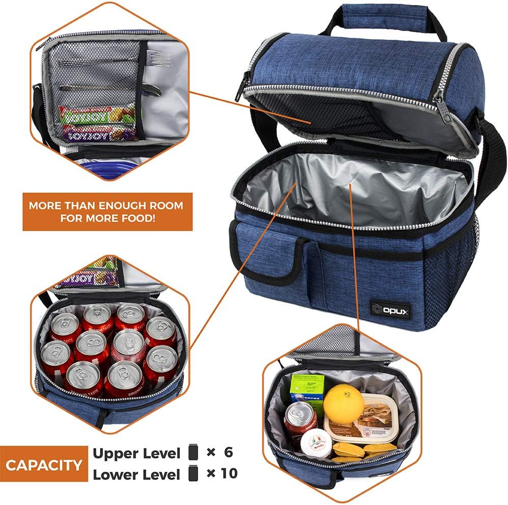 opux Insulated Lunch Bag Women Men, Dual Compartment Leakproof Lunch Box Adults Kids, Double Decker Meal Prep Bento Lunch Cooler Tote with Shoulder Strap for Work Office School Travel, Floral Purple
