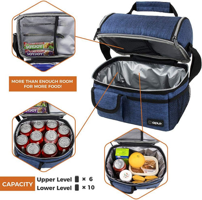 opux Insulated Lunch Bag Women Men, Dual Compartment Leakproof Lunch Box Adults Kids, Double Decker Meal Prep Bento Lunch Cooler Tote with Shoulder Strap for Work Office School Travel, Floral Purple