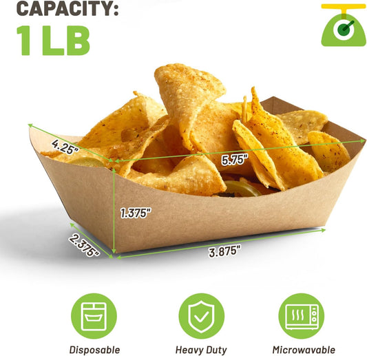 ZORRITA 2 Lb Paper Food Trays - 100 Pack Disposable Nacho Trays Brown Food Boats Take Out Basket Holders for Serving Party Snacks Hot Dogs Tacos Fries