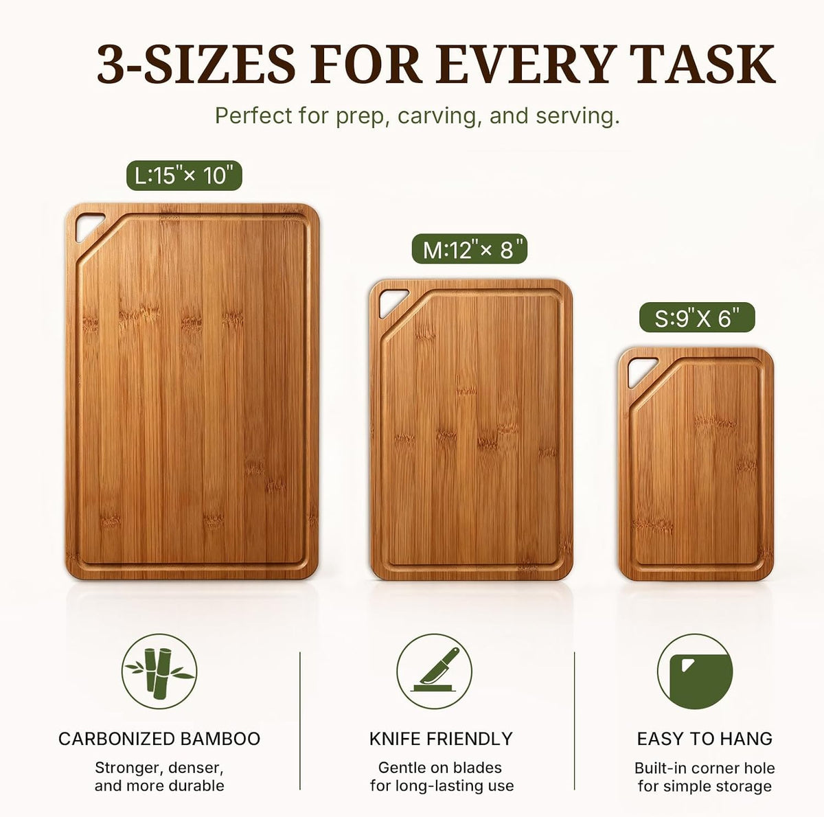 GASHELL Bamboo Cutting Board Set with Beeswax Coating for Kitchen(S+M+L+XL)
