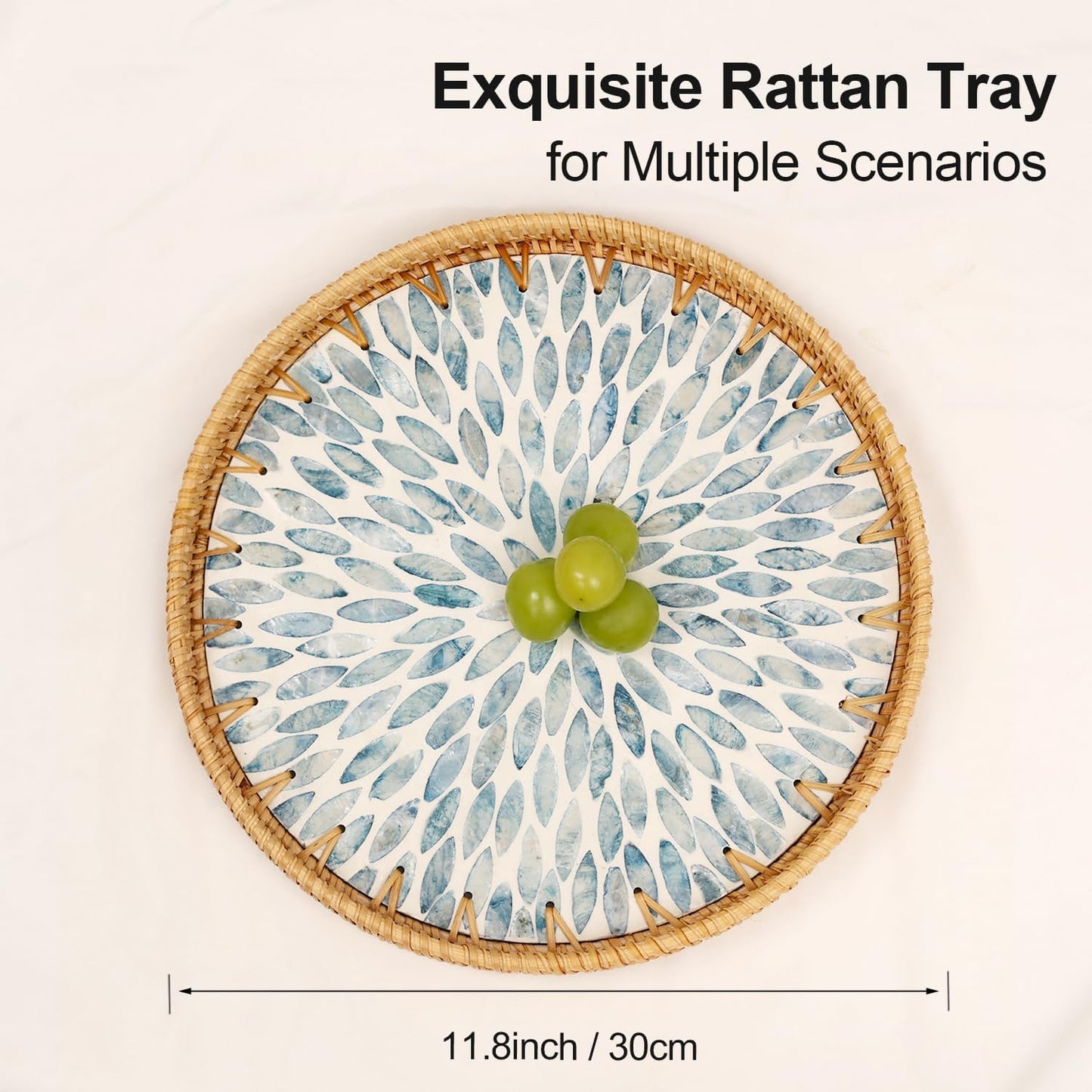 Round Rattan Tray with Mother of Pearl Inlay, Rattan Serving Tray for Coffee, Bread, Fruits, Decorative Wicker Tray for Table Decor, Home Decor, Kitchen Island Decor(Black Checkerboard, 11.8")