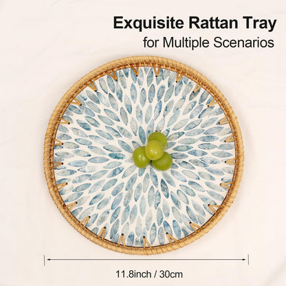 Round Rattan Tray with Mother of Pearl Inlay, Rattan Serving Tray for Coffee, Bread, Fruits, Decorative Wicker Tray for Table Decor, Home Decor, Kitchen Island Decor(Black Checkerboard, 11.8")