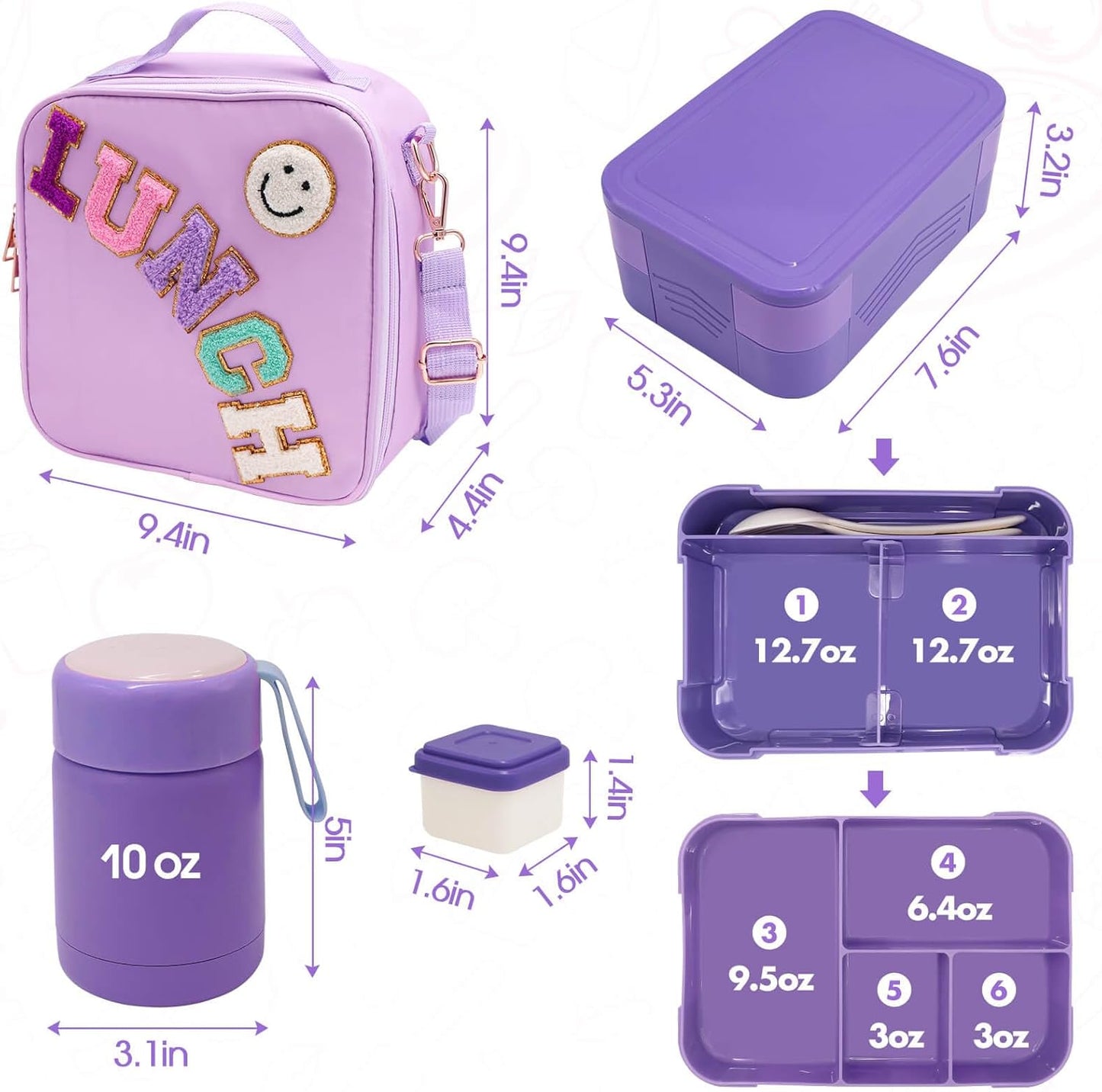 Insulated Lunch Bag for Boys Girls with 10oz Thermo, with 6 Compartment Bento Box, Black Nylon Preppy Lunch Box Adjustable Strap for Boy Girl Kids Teens School Travel Picnic