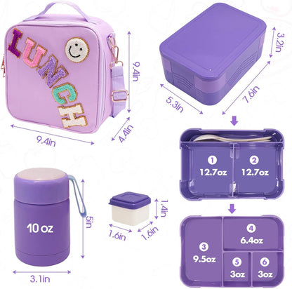 Insulated Lunch Bag for Boys Girls with 10oz Thermo, with 6 Compartment Bento Box, Black Nylon Preppy Lunch Box Adjustable Strap for Boy Girl Kids Teens School Travel Picnic