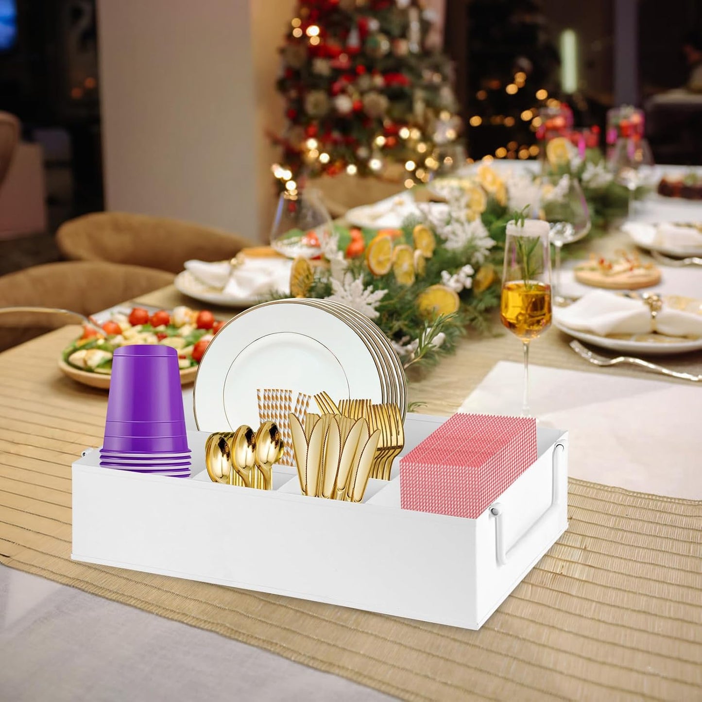 NelyBet Paper Plate Dispenser Holders Utensil Caddy for Countertop,Outdoor Silverware Caddy, Picnic and Camping Utensil Holder, Flatware Organize with Handle for Party Gatherings, Metal (Black)