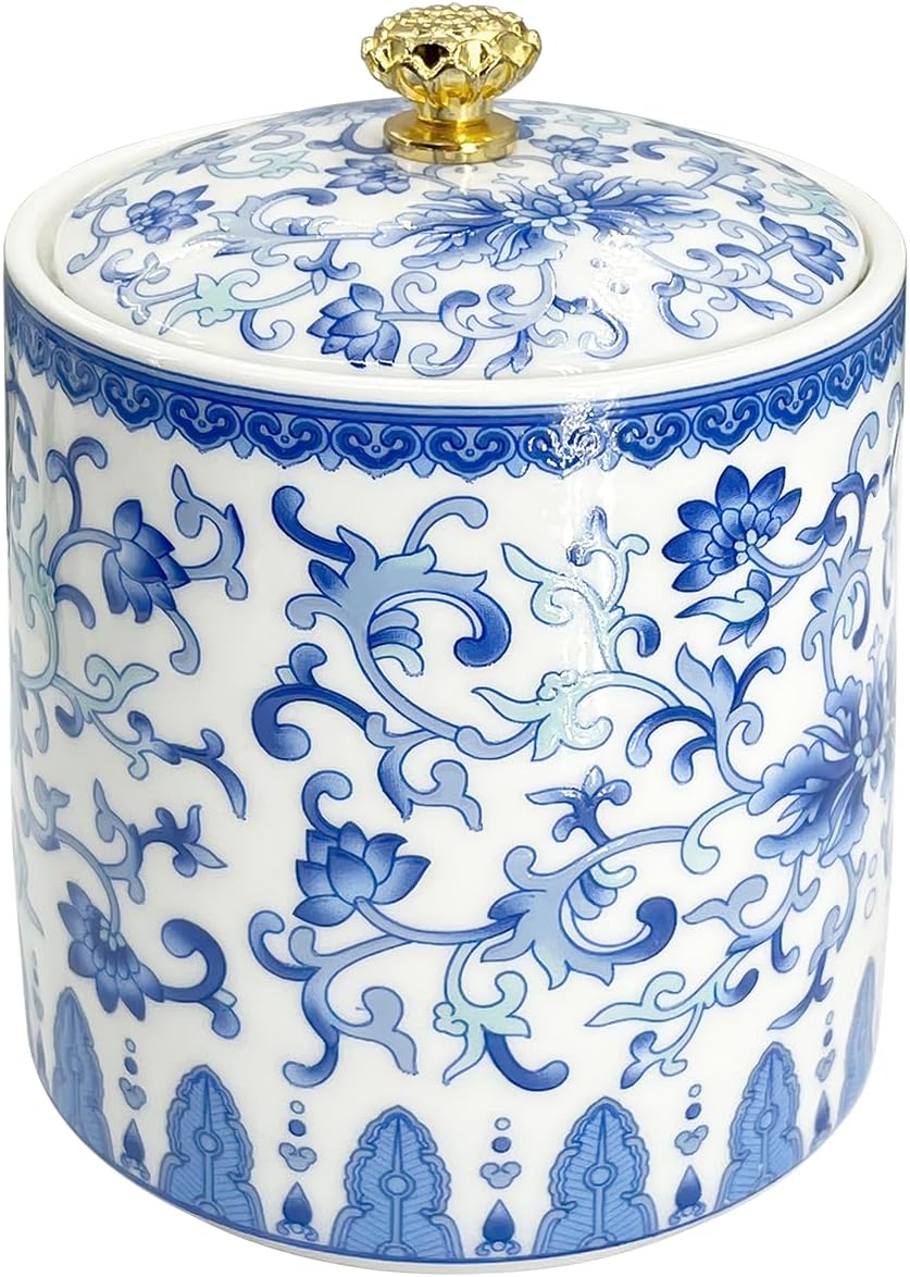 Vintage Blue White Salt Cellar with Lid - Airtight Ceramic Jar