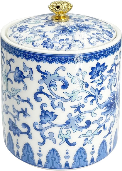 Vintage Blue White Salt Cellar with Lid - Airtight Ceramic Jar