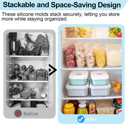 Silicone Freezer Trays with Lid, 1 & 2 Cup Meal Prep Molds 4 Pack | Portion Control Soup Containers | Airtight Stackable Freezer Cubes | BPA-Free Dishwasher Oven Safe, with Freezer Bags& Labels