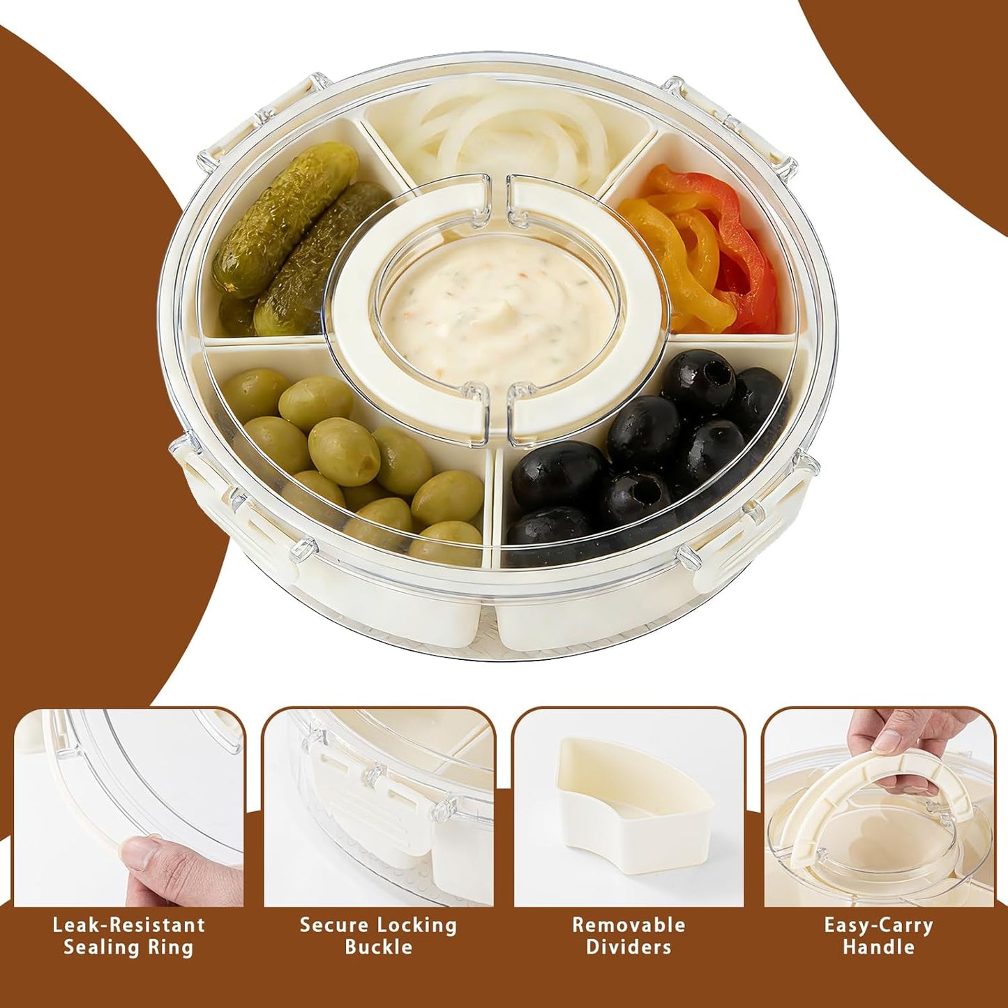 Relish Trays with Dividers and Lid, Divided Serving Tray with Lid and Handle, Durable Plastic Clear Snack Organizer with Removable Compartments, Ideal for Party, Travel and Picnic