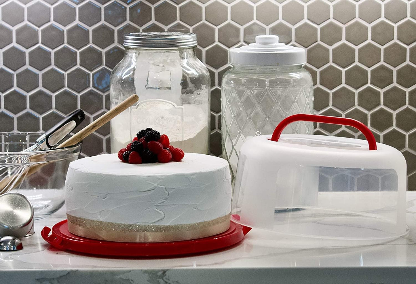 Top Shelf Elements Round Cake Carrier Two Sided Cake Holder Serves as Five Section Serving Tray, Portable Cake Stand Fits 10 inch Cake, Cake Box Comes With Handle, Cake Container Holds Pies (White)