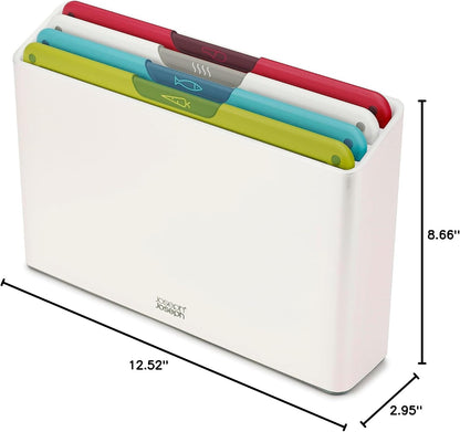 Joseph Joseph Folio Icon 4-Piece Multi Colour coded Cutting Board Set, Stainless Steel Slimline case for organized Kitchen storage, Silver