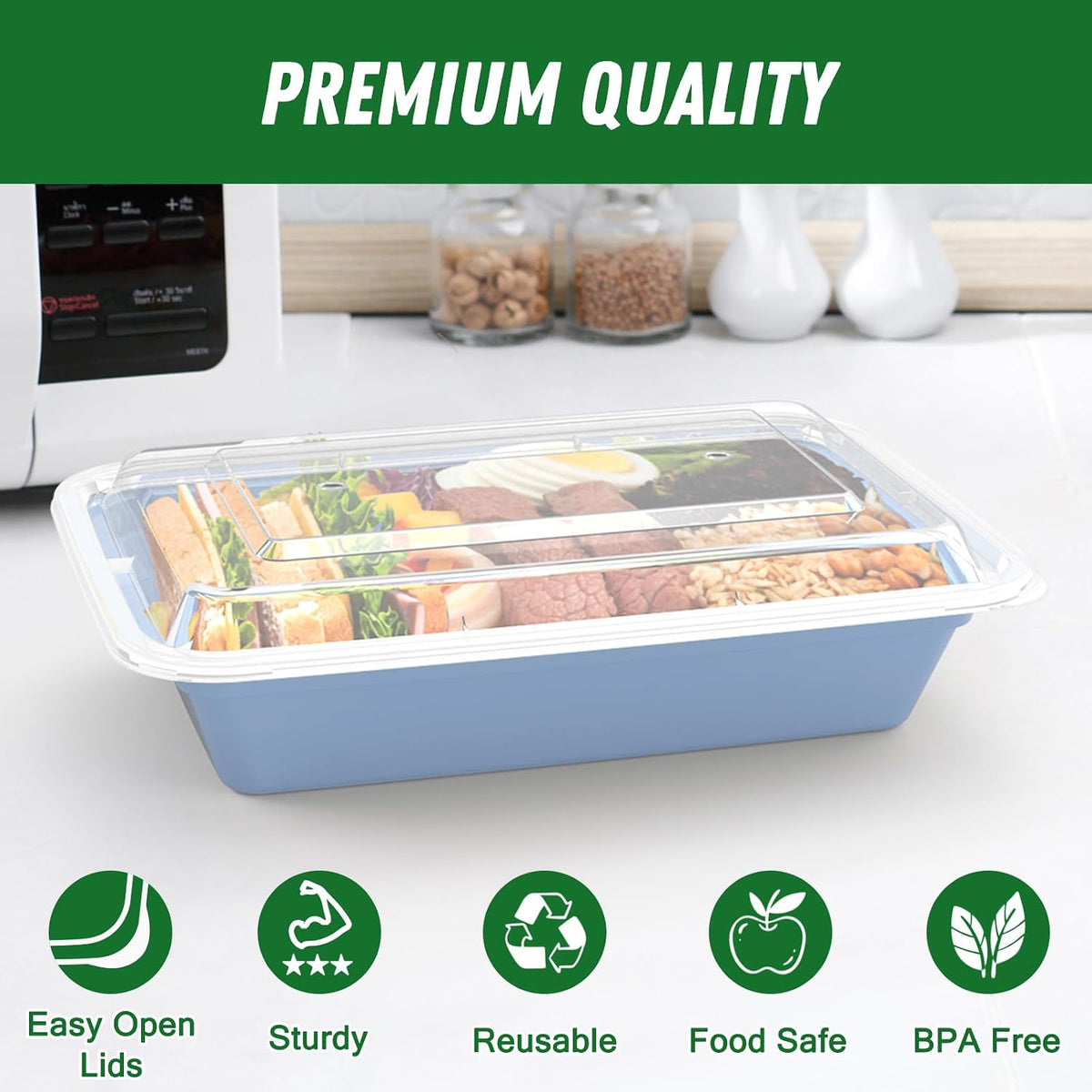 50 Pack (100-Piece) 32 oz Meal Prep Containers Reusable with Easy Open Lids, Sturdy Leakproof Food Safe, Microwave Freezer Dishwasher Safe, To Go Take Out Plastic Food Storage Pans with Lids, Black