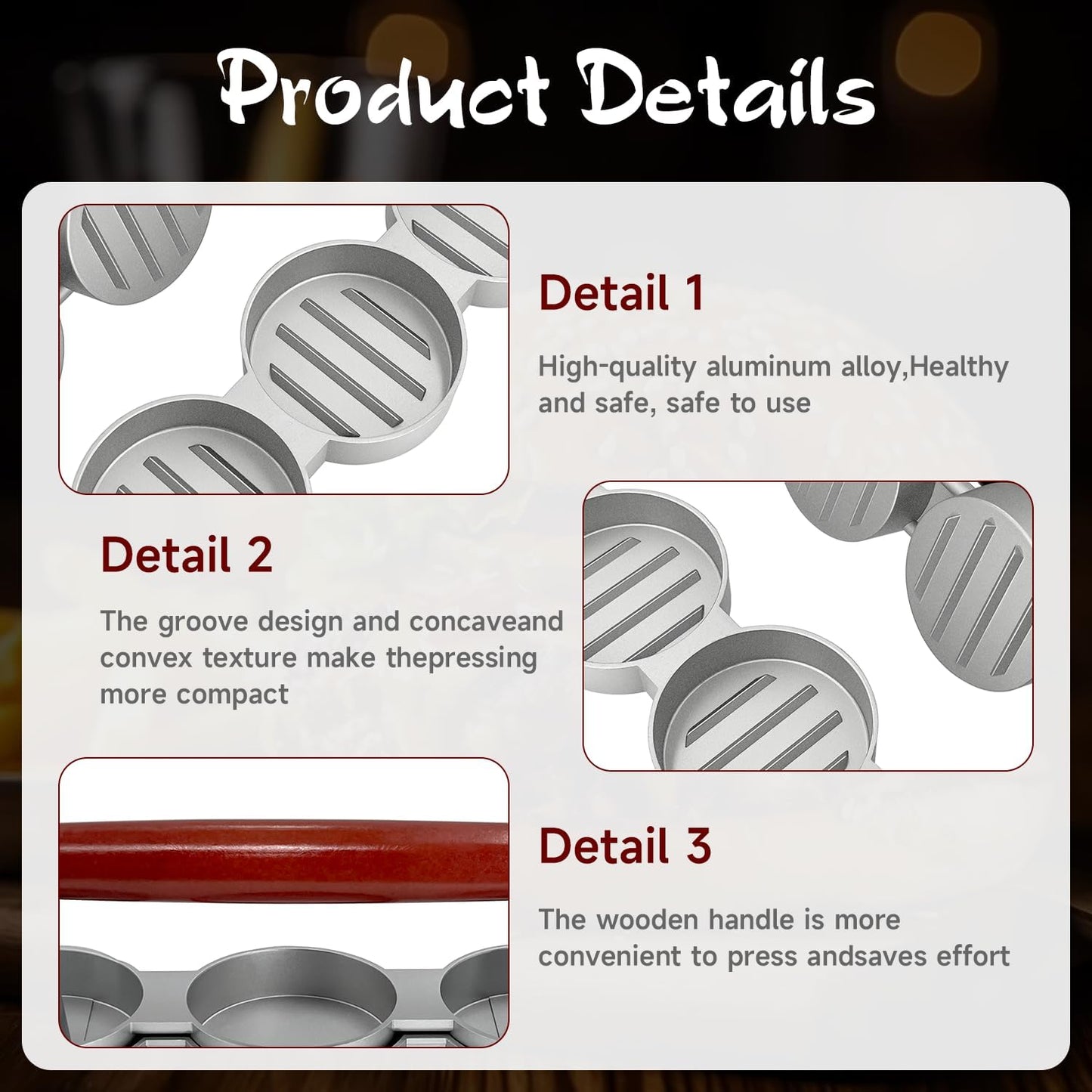 Burger Press Patty Maker Set with 100 Non-Stick Papers - 3x2.5 Inch Mold for Making Three Mini Patties at Once - Perfect for Sliders, BBQ, Picnic, Camping - Easy to Use & Clean