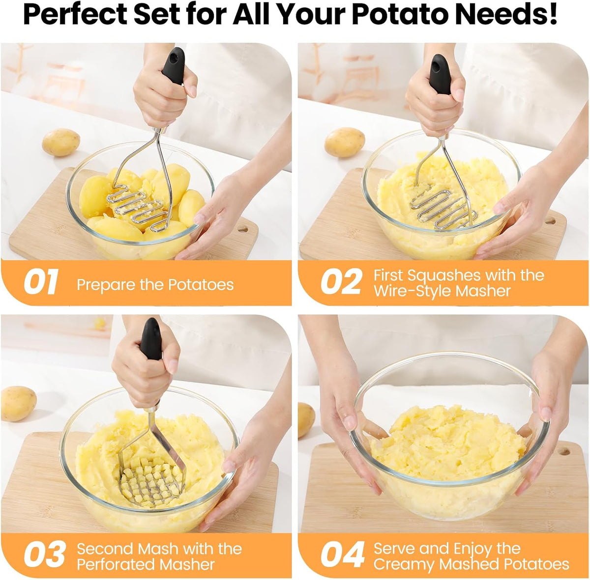 2Pcs Potato Masher Set with Silicone Handle, Premium Stainless Steel Potato Masher, Integrated & Wire Masher for Potatoes, Avocado, Vegetables and Baby Food