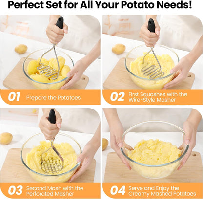 2Pcs Potato Masher Set with Silicone Handle, Premium Stainless Steel Potato Masher, Integrated & Wire Masher for Potatoes, Avocado, Vegetables and Baby Food
