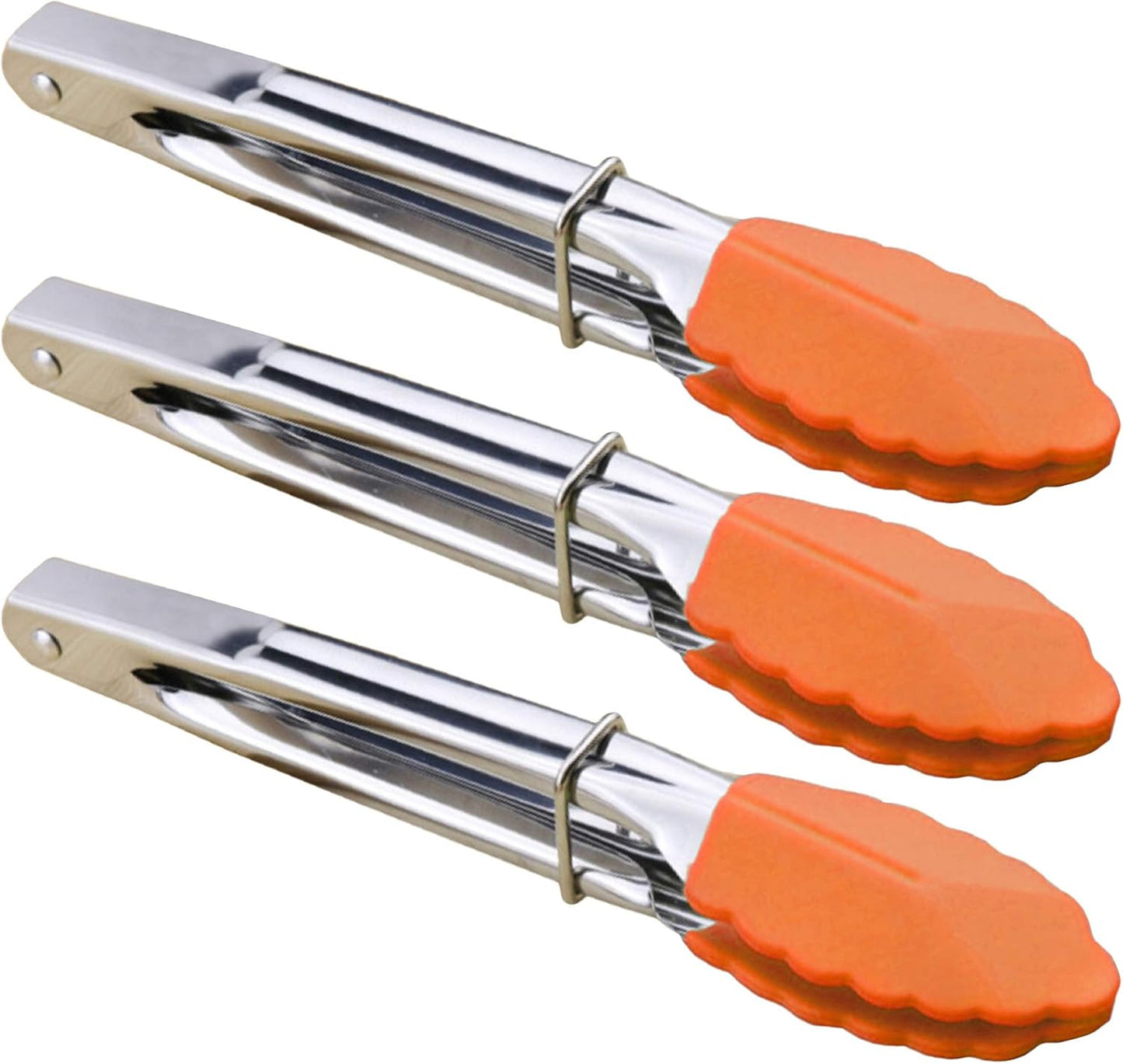 HINMAY Mini Stainless Steel Food Tongs with Silding Rings 7-Inch, Set of 6 | Small Clam Shell Service Tongs for Serving Appetizers, Desserts, Salads, Barbecue and Cooking (Silver)