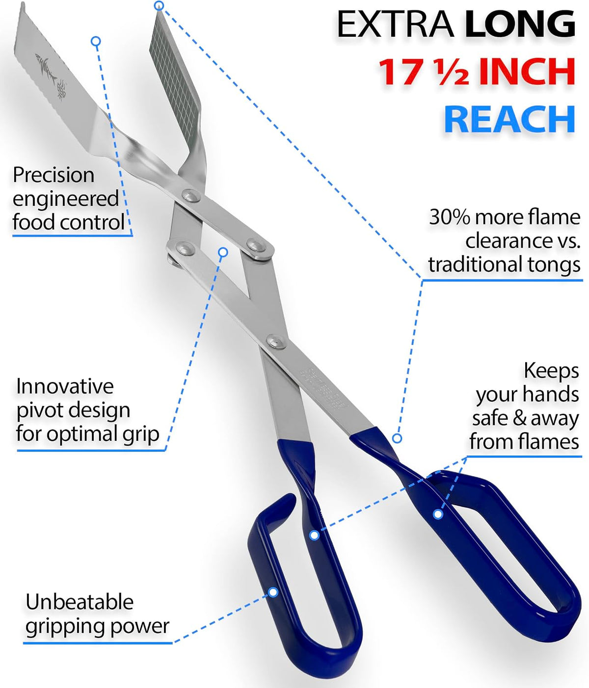 Steak Grill Tongs - 17 inch Red. Professional outdoor grilling utensil. Long reach Barbeque Grilling Tongs. Ideal for steak, fish, burger, and sausage