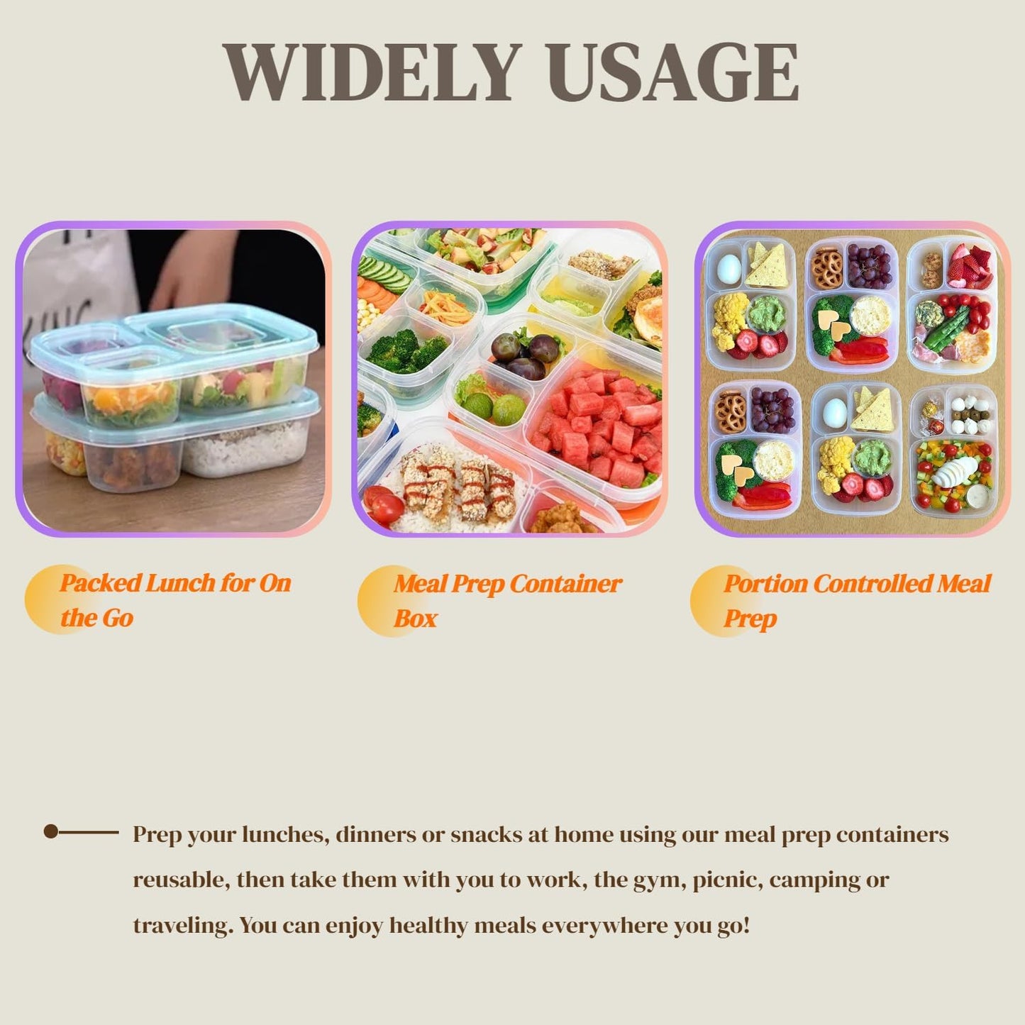 WEEK NINE Bento Lunch Boxes - Reusable 3-Compartment Food Containers for School, Work, and Travel, Set of 7