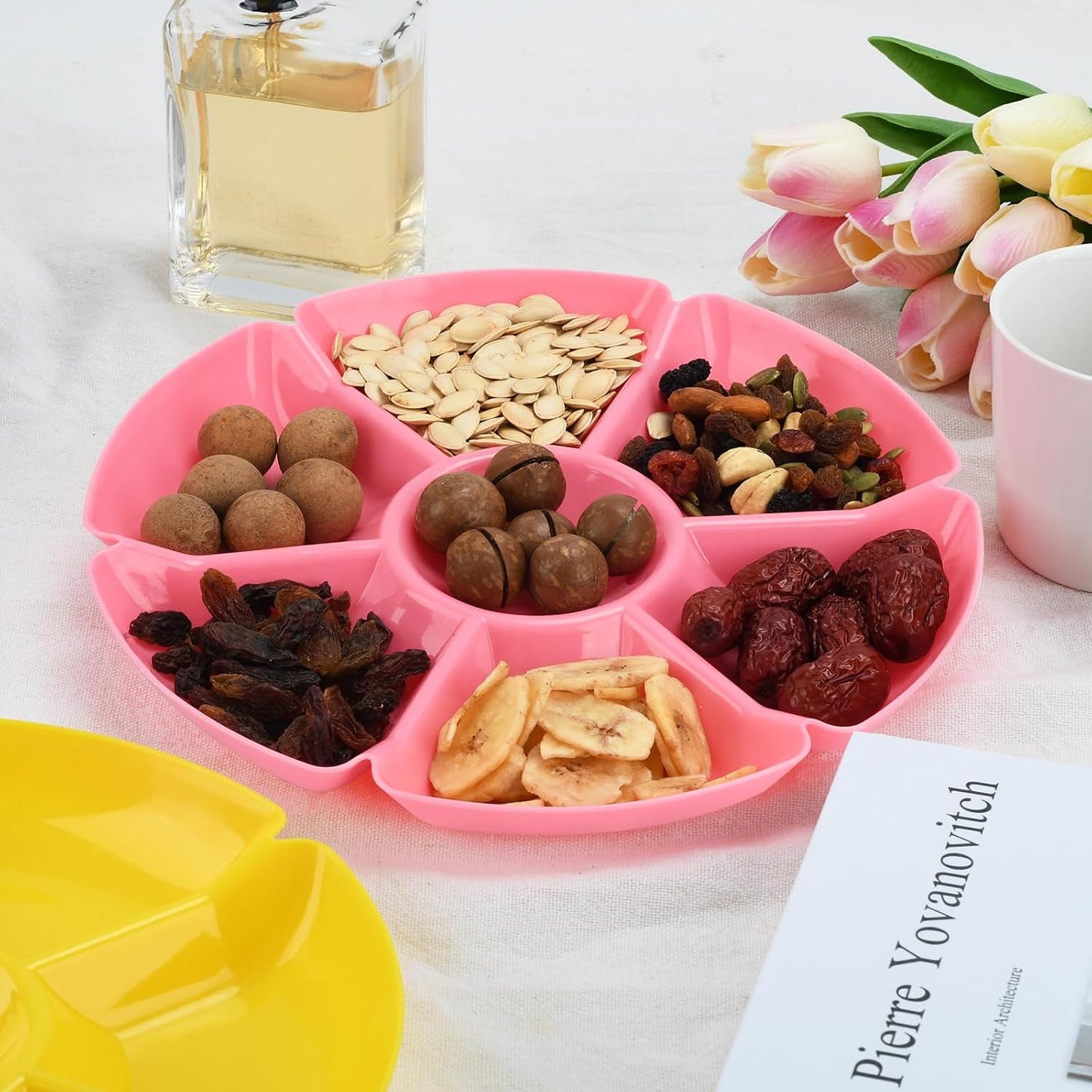 ‌12 Pcs Plastic Serving Trays with 7 Compartments - 10 Inch Round Chip & Dip Thanksgiving Plates for Candy, Nuts, Fruits, Veggies - Party Platter Set, 6 Colors