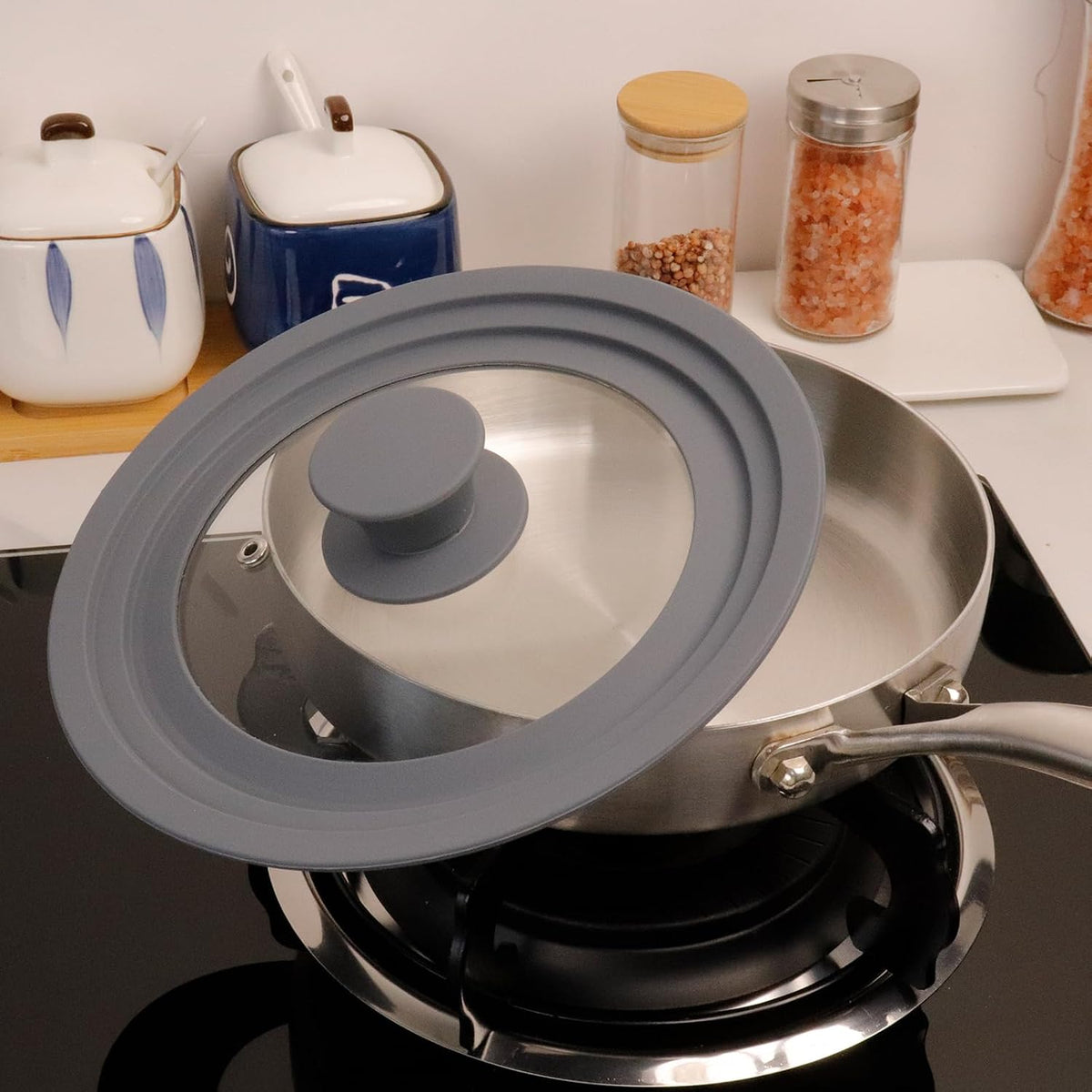 Silicon Glass Lid Fits 6.5", 7", 8" Inner Diameter Pots (Grey)