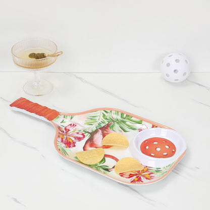 UPware Flamingo Melamine Chip and Dip Snack Tray, Tropical Floral Pickleball Paddle Shape Platter for Chips, Salsa, Fruits, and Appetizers, 15.75 x 8 Inch
