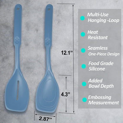 Large Silicone Cooking Spoon, Non-Stick Solid Spoon set with Deep Bolw and Measurement Mark for Mixing, Serving, Draining, Scooping, Scraping, Heat Resistant Kitchen Utensils, Black