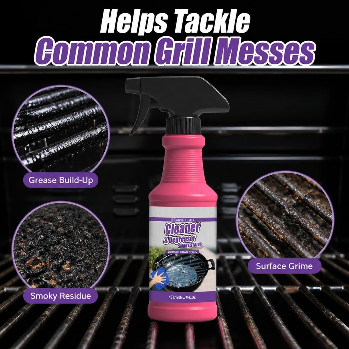 Fast-Acting Grill Cleaner Spray, Heavy Duty BBQ Degreaser for Burnt Food & Stubborn Grease, Powerful No-Scrub Oven & Kitchen Cleaner for Grills, Stovetops & Pans (1pcs)